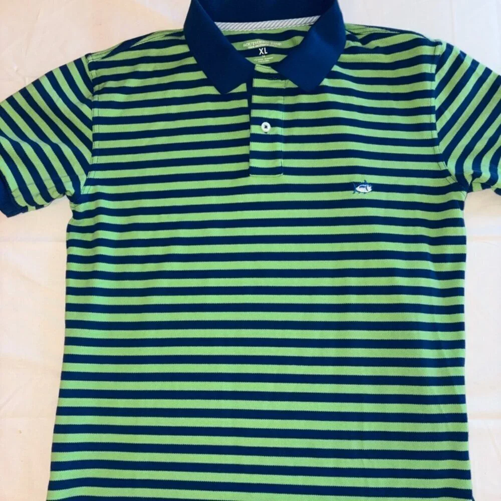 SOUTHERN TIDE BOYS GREEN BLUE STRIPE SHORT SLEEVE SKIPJACK POLO LIKE NEW  XL